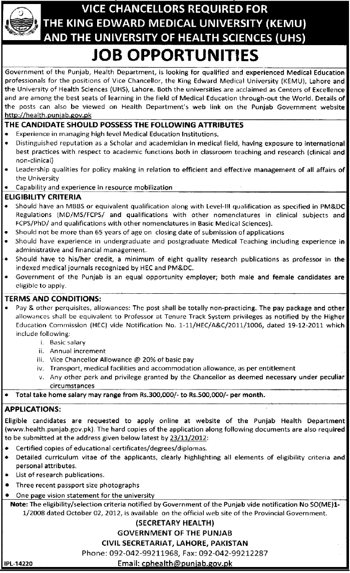 Vice Chancellors Required for The King Edward Medical University and University of Health Sciences