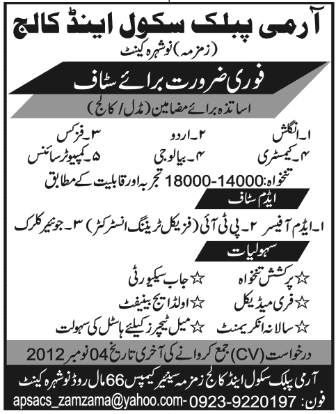 Army Public School and College APSACS, Nowshera Cantt Jobs