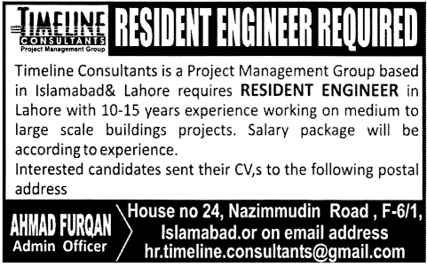 Resident Engineer Required by Timeline Consultants
