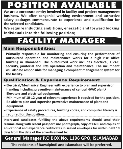 Facility Manager Required for a High Rise Office Building