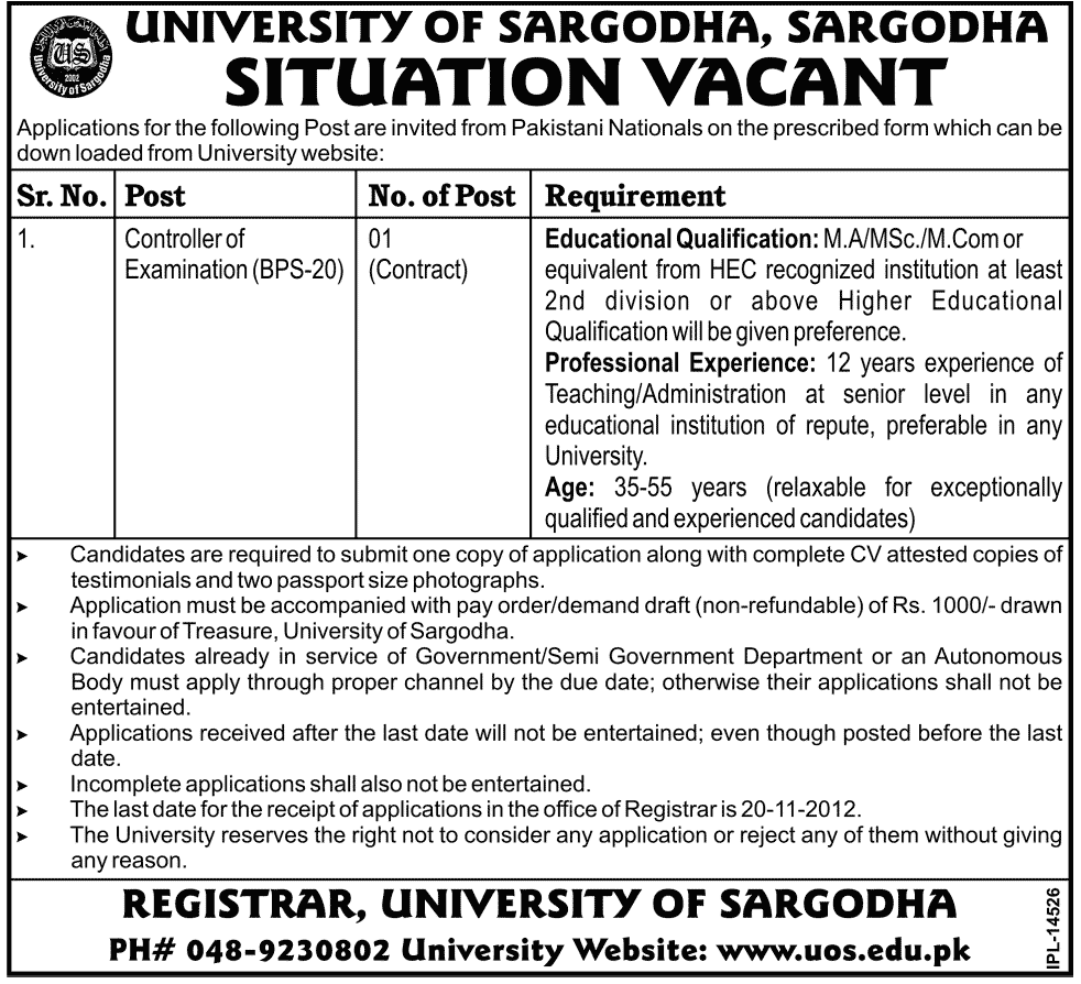 University of Sargodha Requires Controller of Examination