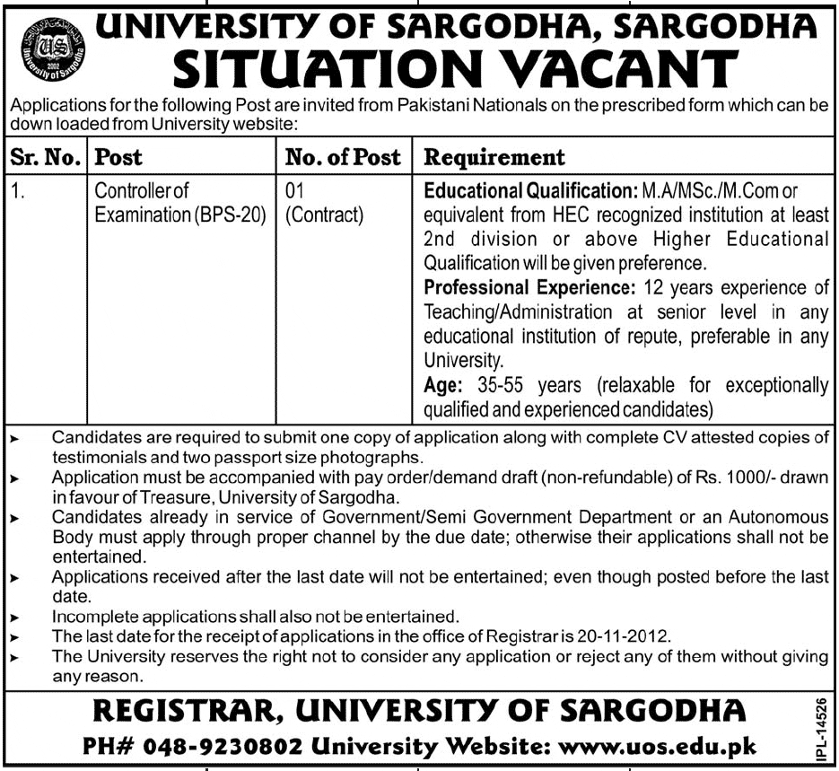 Controller of Examination (BPS-20) Job in University of Sargodha