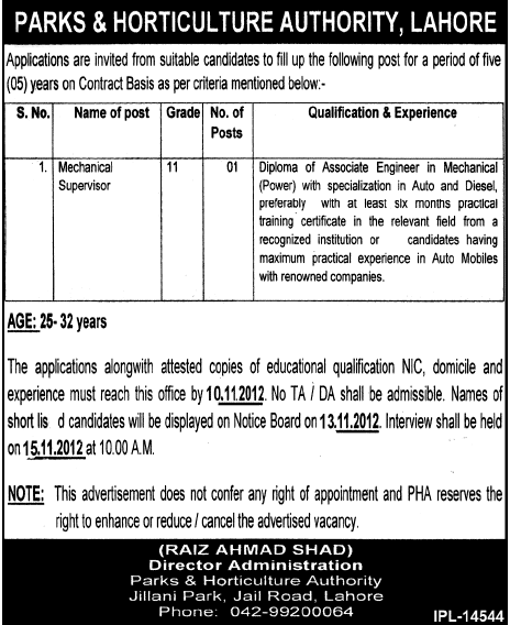 Mechanical Supervisor Job in Parks & Horticulture Authority (PHA) Lahore