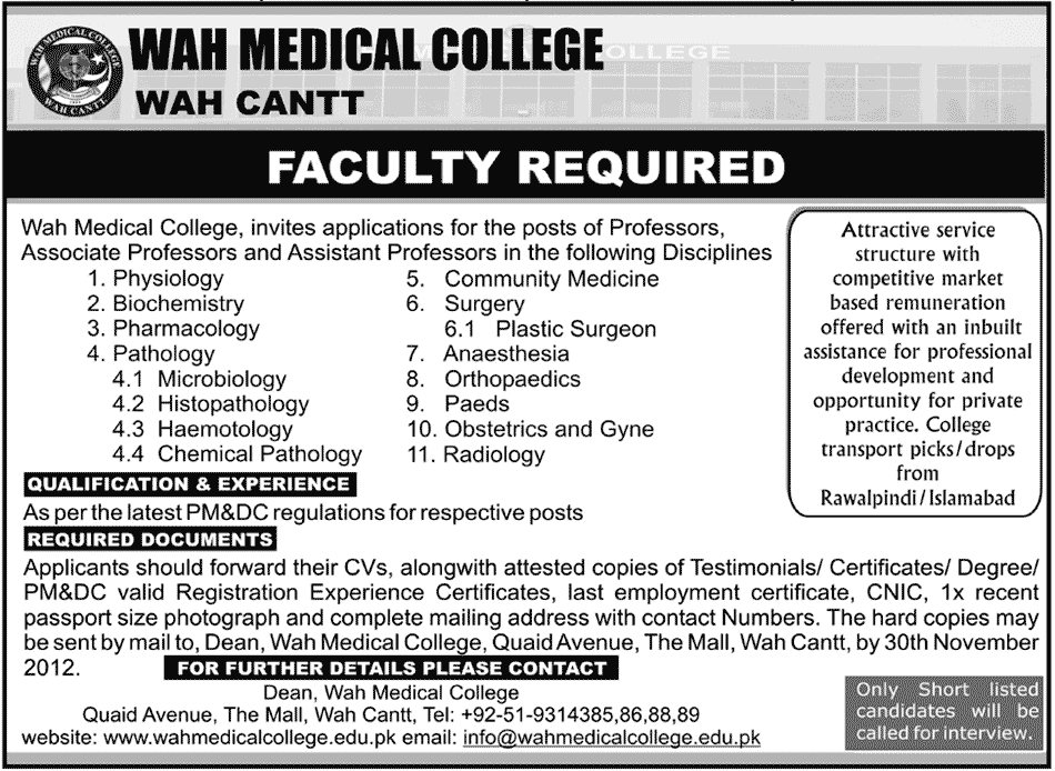 Faculty Required by Wah Medical College
