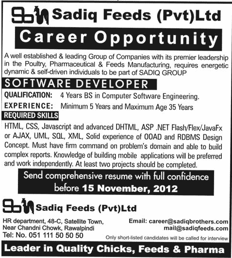 Software Developer is Required by Sadiq Feeds