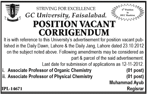 GC University (GCU), Faisalabad - Faculty Advertisement Corrigendum