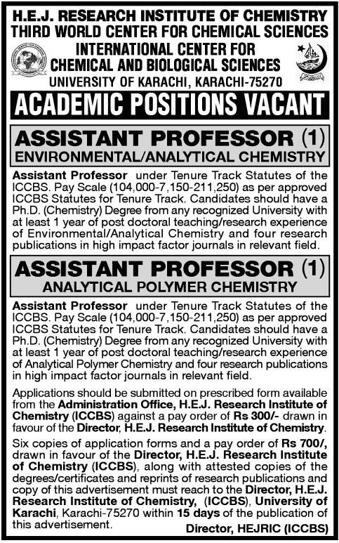 H.E.J. Research Institute of Chemistry, ICCBS Requires Assistant Professors