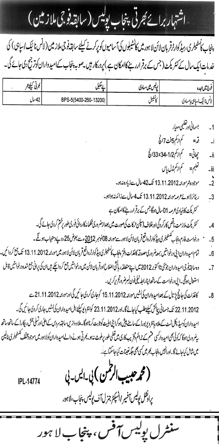 Constable Jobs in Punjab Police 2012
