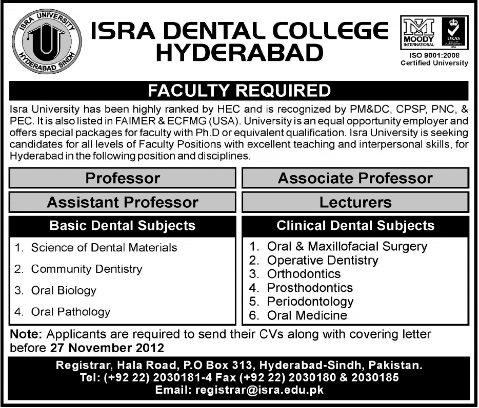 ISRA Dental College Hyderabad Requires Faculty