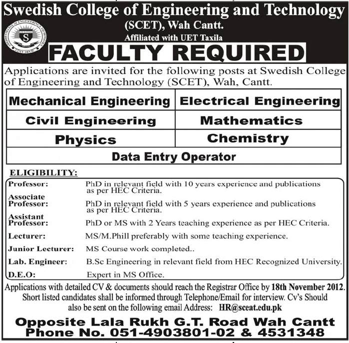 Swedish College of Engineering & Technology (SCET) Wah Cantt Faculty Jobs