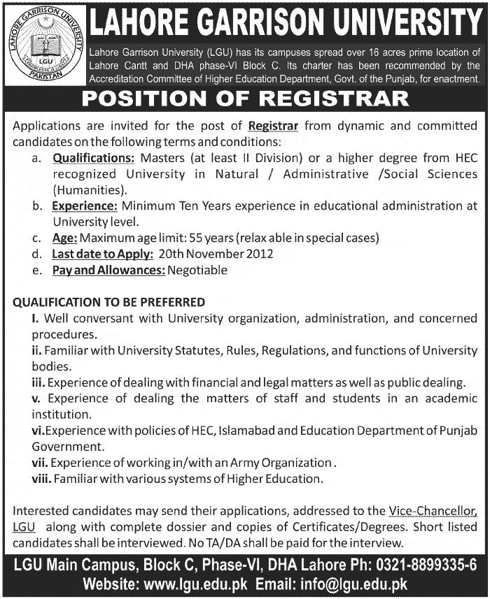LGU (Lahore Garrison University) Requires Registrar