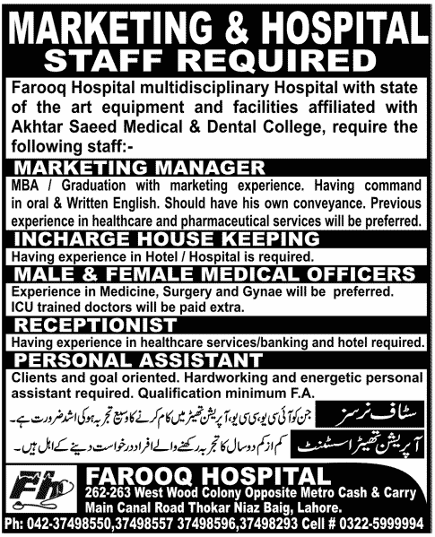 Farooq Hospital Requires Marketing and Hospital Staff
