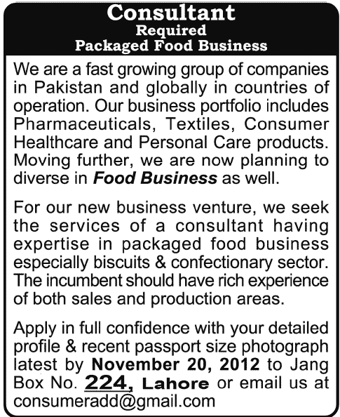 Consultant Required for Packaged Food Business