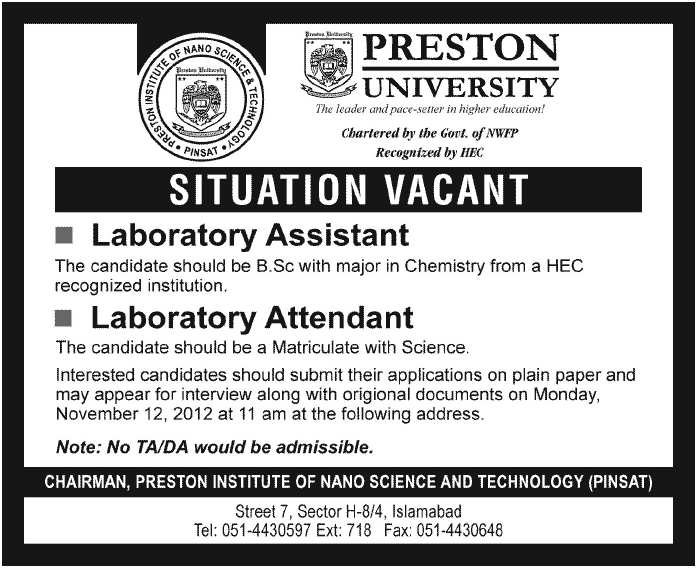 Preston University Requires Laboratory Assistant / Laboratory Attendant