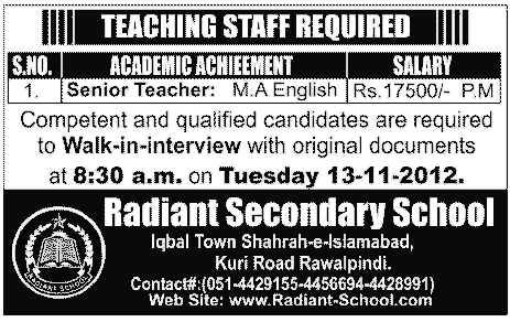 Teacher Required at Radiant Secondary School