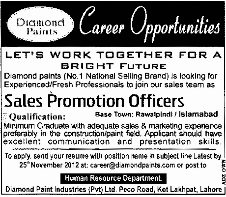 Diamond Paints Requires Sales Promotion Officers