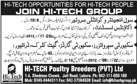 Hi-Tech Group Lahore Needs Staff