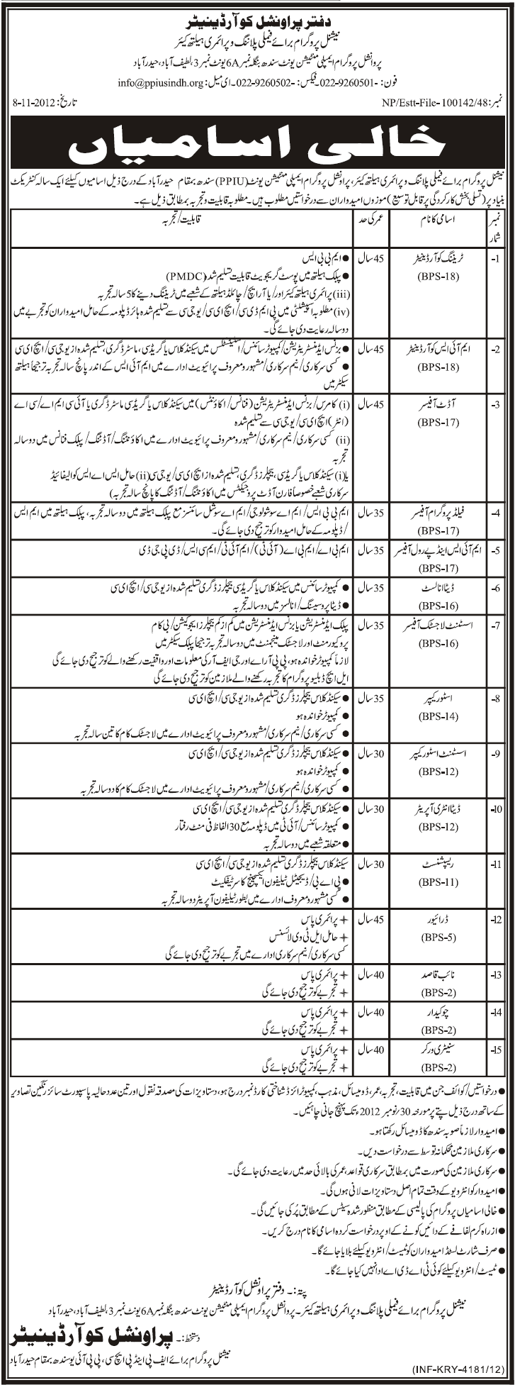 National Program for FP & PHC (Family Planning & Primary Health Care) Jobs 2012 PPIU Sindh Jobs