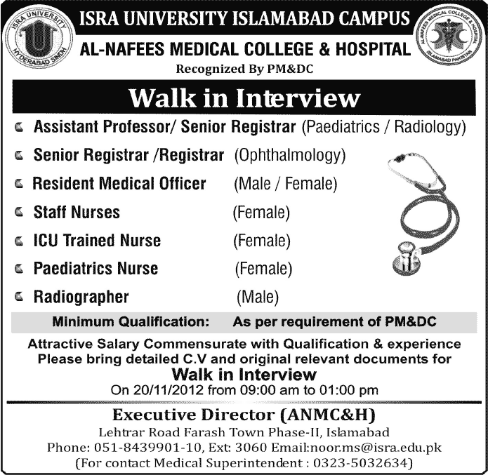 ISRA University Islamabad Jobs for Medical Registrars, Officers, Nurses & Other Staff