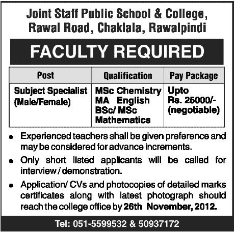 Joint Staff Public School & College Chaklala Requires Subject Specialists