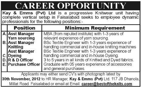 Kay & Emms (a Knitwear Unit) Needs Managers & Officers