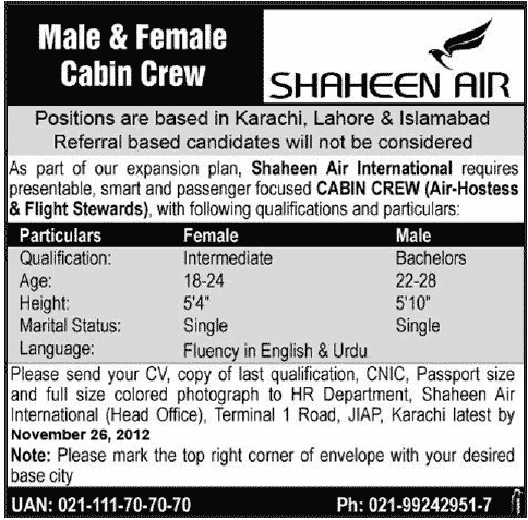 Shaheen Air Jobs 2012 November for Air Hostesses & Flight Stewards as Cabin Crew