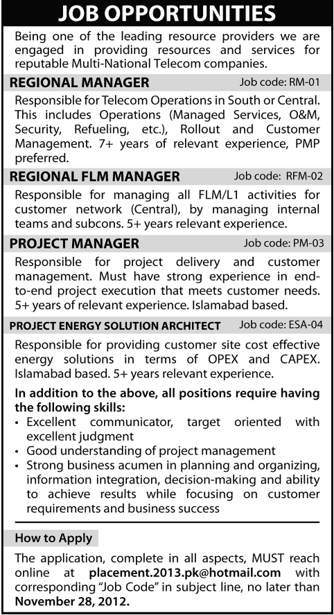 Regional Managers, Project Manager & Energy Solution Architect Jobs in Telecom Sector