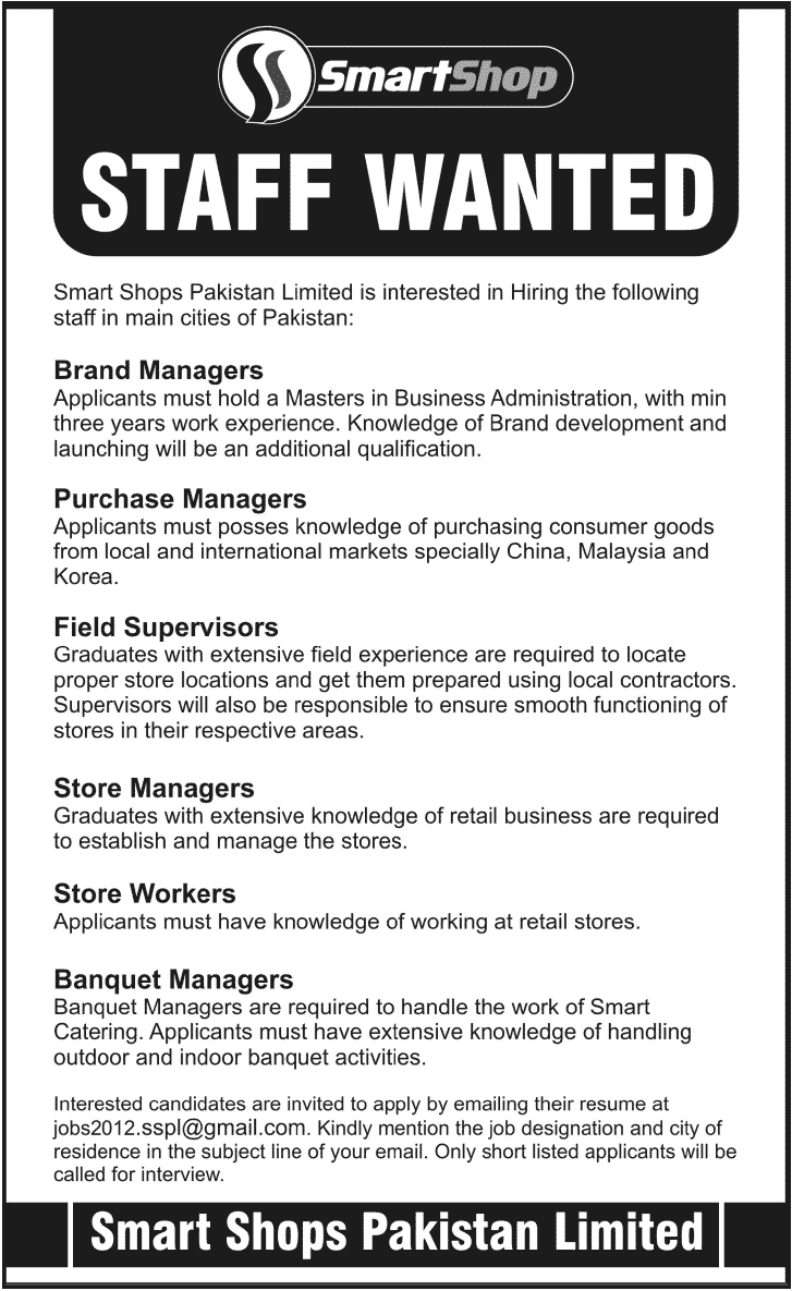 Smart Shops Pakistan Jobs for Managers, Supervisors & Store Workers