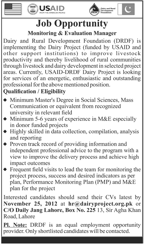 USAID Requires Monitoring & Evaluation Manager for Dairy Project 2012
