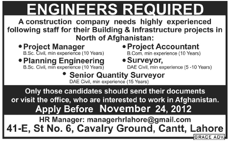 Engineers & Surveyors Required for a Construction Project in Afghanistan