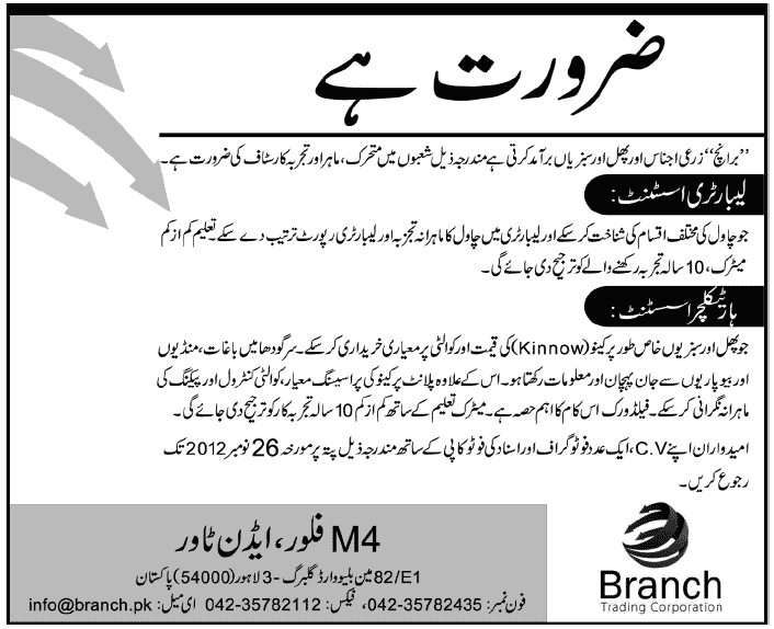 Branch Trading Corporation Needs Laboratory and Horticulture Assistant