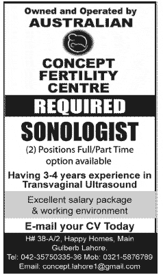 Australian Concept Infertility Medical Center Lahore Vacancies for Sonologist