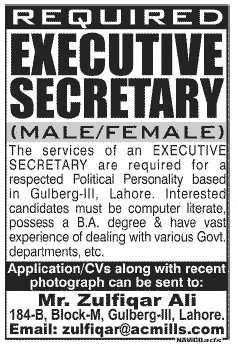 Executive Secretary Required for a Political Personality