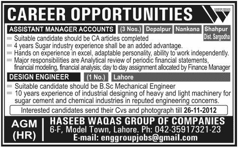Haseeb Waqas Group of Companies Needs Assistant Managers Accounts & Design Engineer