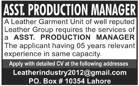 Assistant Production Manager Required at a Leather Garment Unit