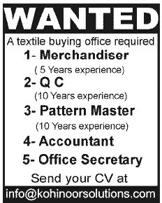 A Textile Buying Office Needs Merchandiser, QC, Pattern Master, Accountant & Secretary