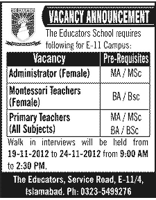 The Educators School Islamabad Jobs for Administrator, Montessori & Primary Teachers