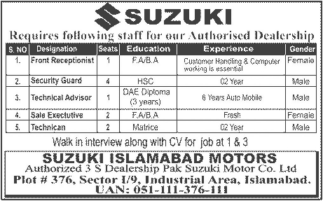 Suzuki Islamabad Motors Jobs 2012