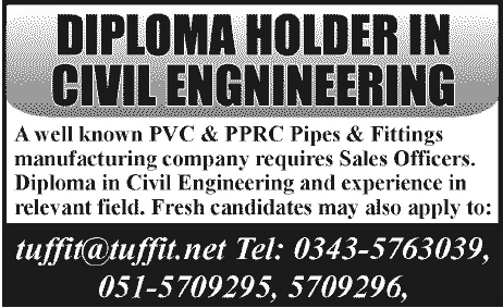 PVC & PPRC Pipes & Fittings Manufacturing Company Requires Sales Officers