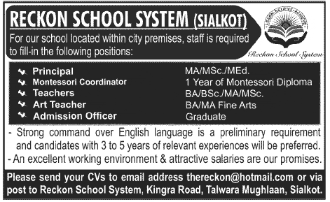 Reckon School System Sialkot Requires Principal, Teachers & Staff