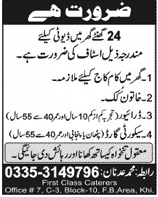 Maid, Cook, Driver and Security Guard Required for Home