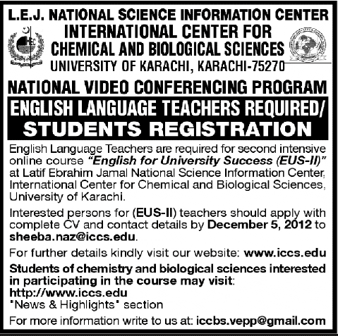 ICCBS Jobs for English Teachers - International Center for Chemical and Biological Sciences University of Karachi