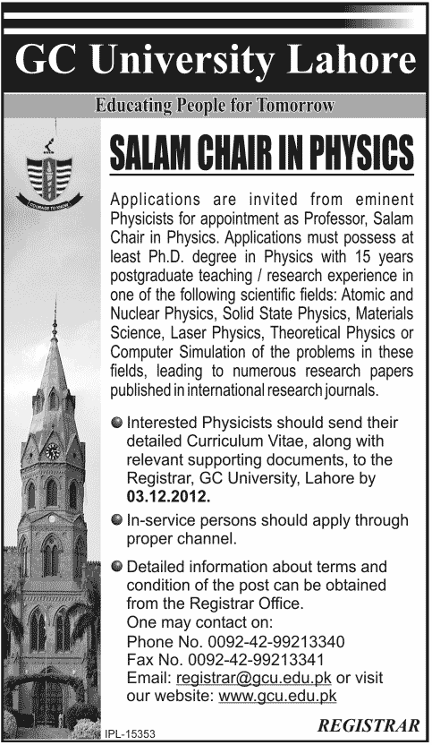Physics Professor Job for Salam Chair at GCU Lahore (Jang)