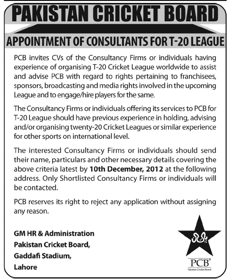 PCB Needs Consultants for T-20 League - Pakistan Cricket Board