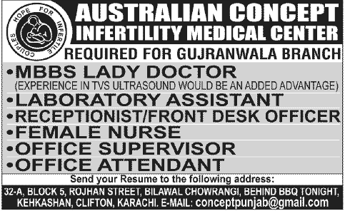 Australian Concept Infertility Medical Center Gujranwala Needs Lady Doctor & Staff