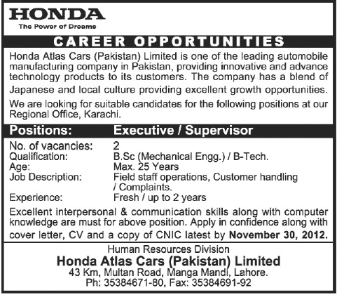 Honda Pakistan Jobs 2012 for Executive / Supervisor Honda Atlas Cars Pakistan Limited