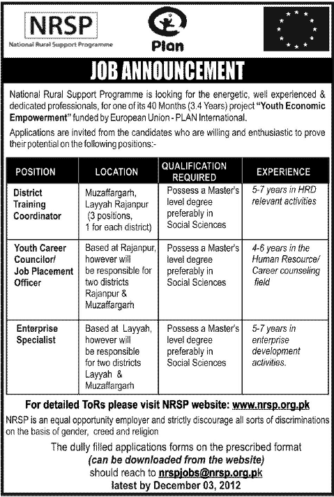 NRSP Jobs 2012 for Training Coordinator, Career Councilor & Enterprise Specialist - National Rural Support Program