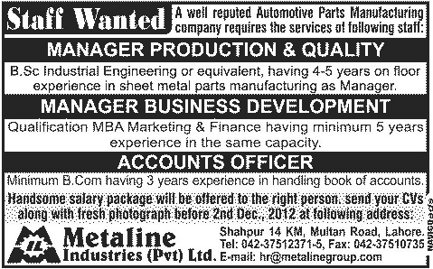 Metaline Industries (Automotive Parts Manufacturer) Needs Managers & Accounts Officer