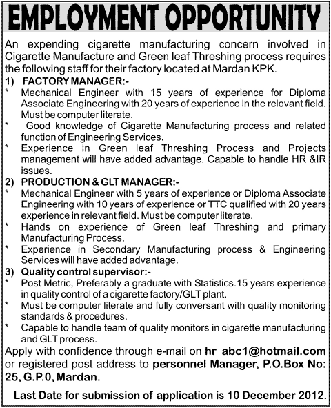 PO Box 25 GPO Mardan Jobs for Managers & Supervisor by a Cigarette Manufacturing Company