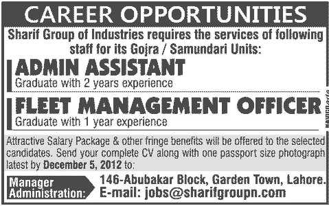Sharif Group of Industries Jobs for Admin Assistant & Fleet Management Officer